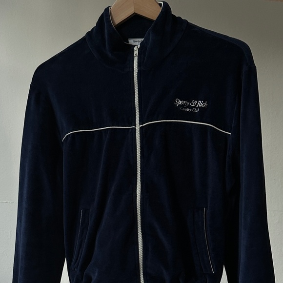 Sporty & Rich Script Cotton Velour Track Jacket - Navy Blue/Cream M - Picture 2 of 8